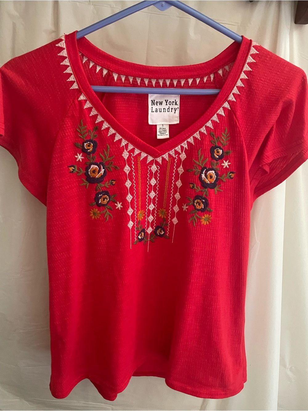 New York Laundry Red Embroidered V-Neck Women's Top